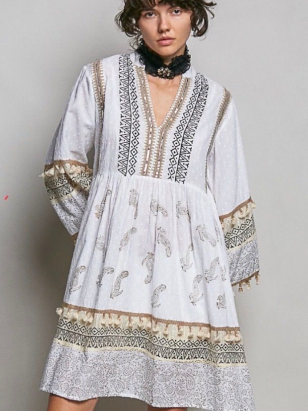 POL White Embroidered Boho Peasant Top Dress